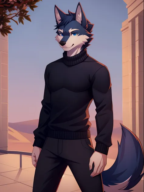 1guy, male wolf, furry, anthropomorphic, blue eyes, handsome guy, with black sweater and long pants, sneackers, standing