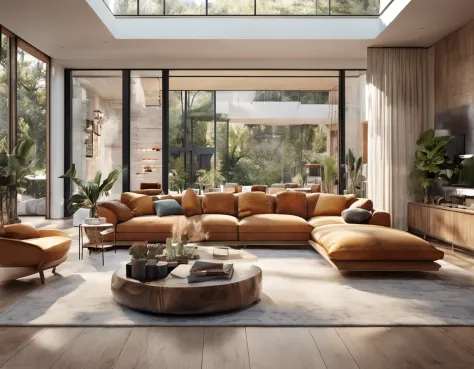Perspective of a huge cozy living room and a kitchen with island, (((best quality))), (((ultra detailed))), (((masterpiece))), large wooden windows with natural light, beige sofas, wooden table, vase plants, modern minimalistic design, hyper realistic, mas...