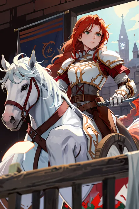 titania, 1horse, white horse, (riding a horse:1.2), braided ponytail, armor, red dress, belt, gauntlets, gloves, armored boots, ...