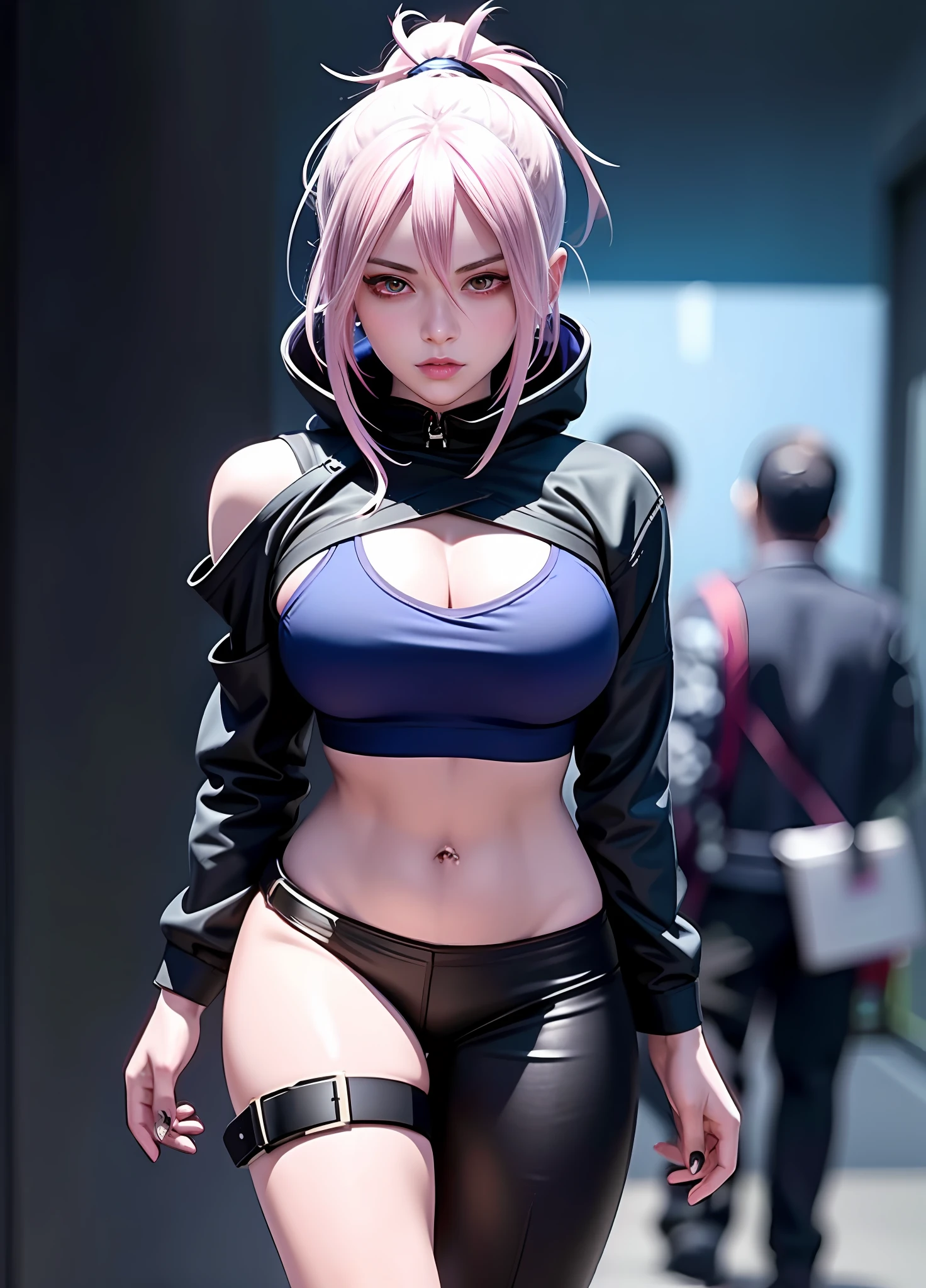 Primer plano de una persona con un cuerpo muy bonito y un cuerpo muy sexy., chica anime ciberpunk, female chica anime ciberpunk, anime ciberpunk, Digital arte del anime ciberpunk, arte del anime ciberpunk, chica anime ciberpunk in hoodie, - Arte animado，tatuaje rosa，Hay un tatuaje en el estómago.，Cola de caballo doble azul