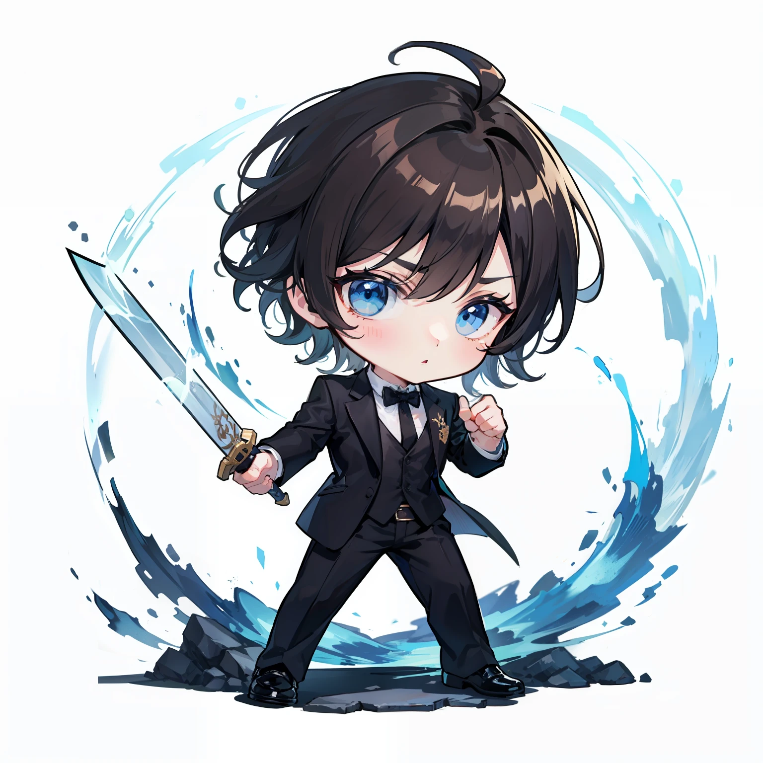 chibi, ((fullbody)), 1boy in black suit jacket, very short brown hair, blue eyes, sword in hand, fighting pose, chibi style, white background