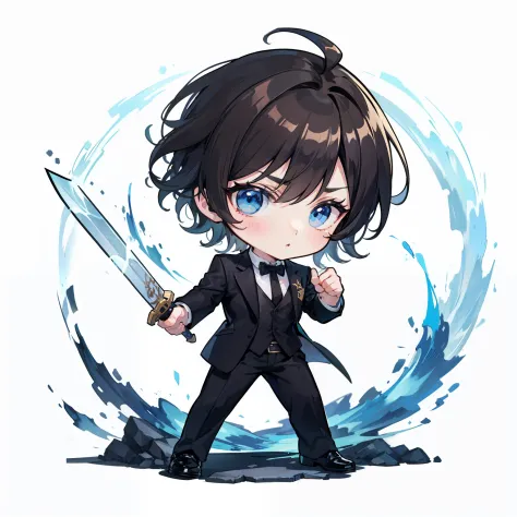 chibi, ((fullbody)), 1boy in black suit jacket, very short brown hair, blue eyes, sword in hand, fighting pose, chibi style, whi...