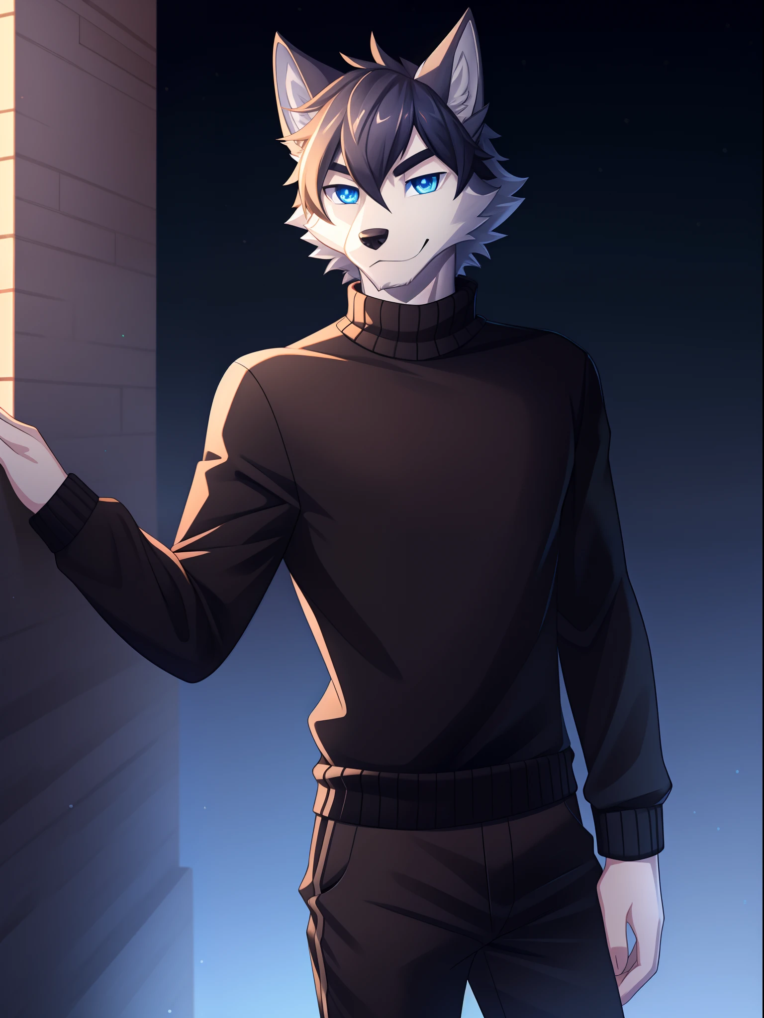 1guy, male wolf, furry, short hairstyle, anthropomorphic, blue eyes, Sharp eyes, beautiful eyes, handsome guy, with black sweater and long pants, sneackers, standing