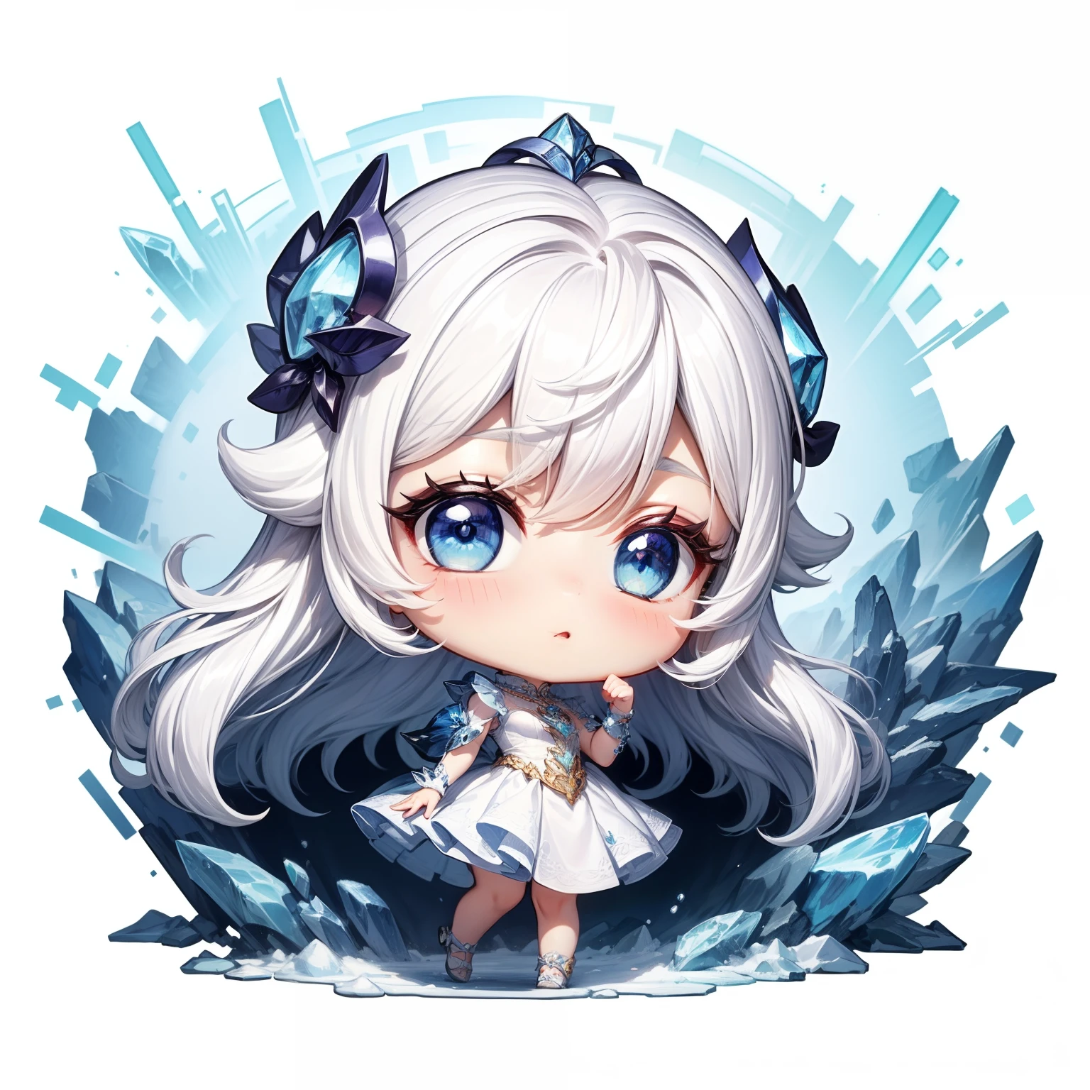 chibi, ((fullbody)), beautiful 1girl, ice queen, white dress, white hair, long hair, blue eyes, chibi style, white background