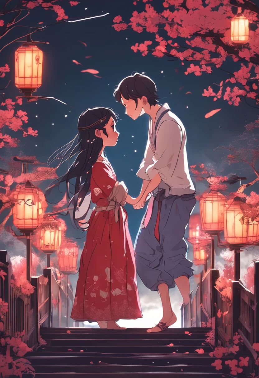 in a panoramic view，magic realism， anime big breast，Masterpiece, hyper HD, Super detail, High details, Best quality, A high resolution, A high resolution, Award-Awarded, Award-Awarded, Anatomically correct, 8K，），（A girl and a boy hold hands on a bridge，full moon，holding hands in the moonlight，Peaceful night sky in the background，Traditional romance, xianxia fantasy, Chinese fantasy, beautiful moonlight night, Chinese style, moonlit night dreamy atmosphere），（Boy in blue and anime girl in red dress：1.5，Delicate girl，beuaty girl，Chinese Hanfu，inspired by Leng Mei，Romantic atmosphere：1.5，Cinematic lighting，Chinese premium color scheme）