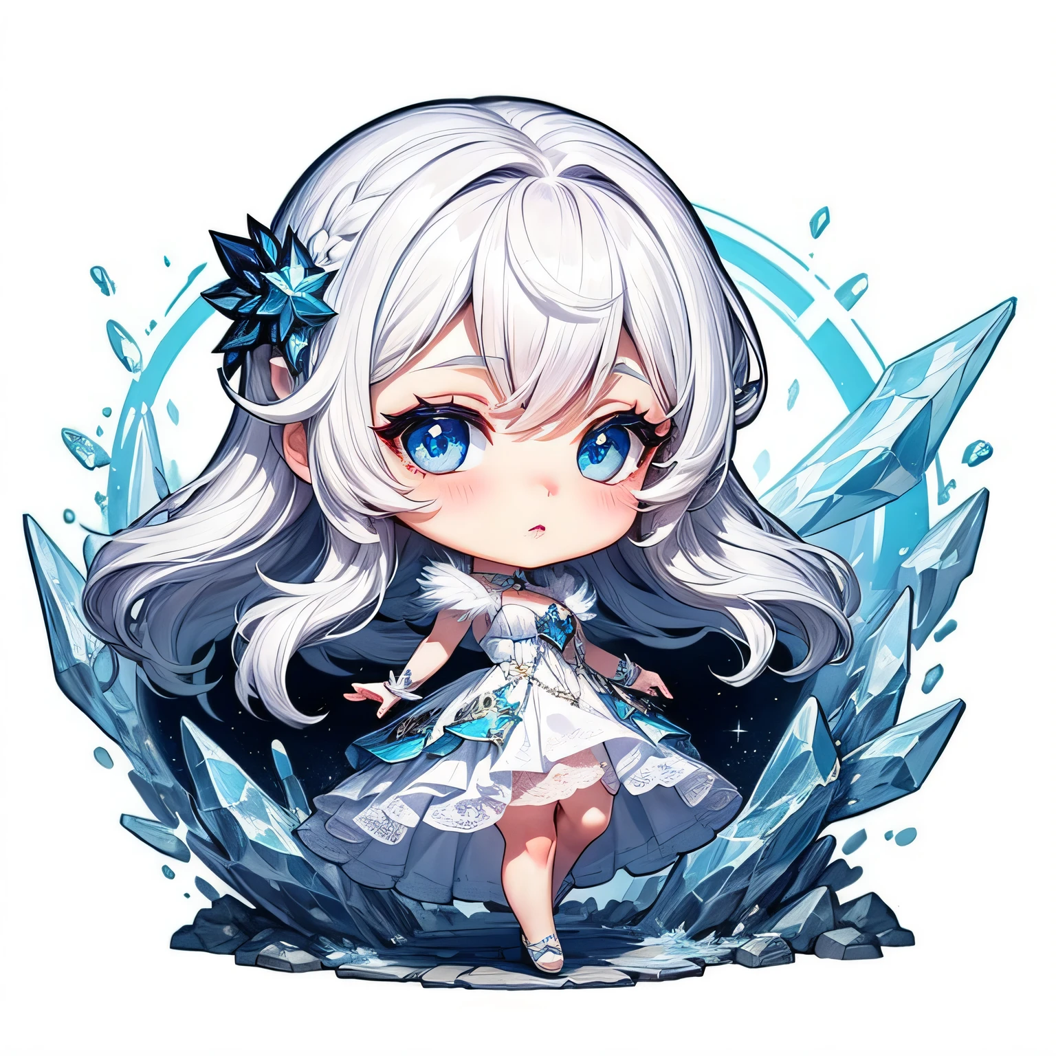 chibi, ((fullbody)), beautiful 1girl, ice princess, white dress, white hair, long hair, blue eyes, chibi style, white background