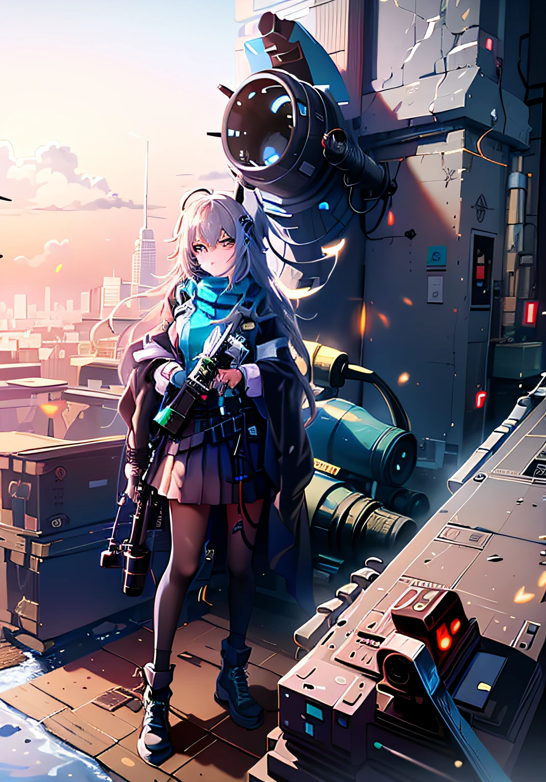 Anime girl with gun on boat deck，The background is a city, cyberpunk anime girl, female cyberpunk anime girl, from girls frontline, Digital cyberpunk anime art, Best anime 4k konachan wallpaper, girls frontline style, cyberpunk anime girl mech, m4 sopmod ii girls frontline, digitl cyberpunk - anime art, Badass anime 8 K, anime cyberpunk art