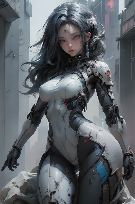 ((Best quality)), ((masterpiece)), (detailed:1.4), photograph of a beautiful cyberpunk female, (wearing smooth organic tech armo...