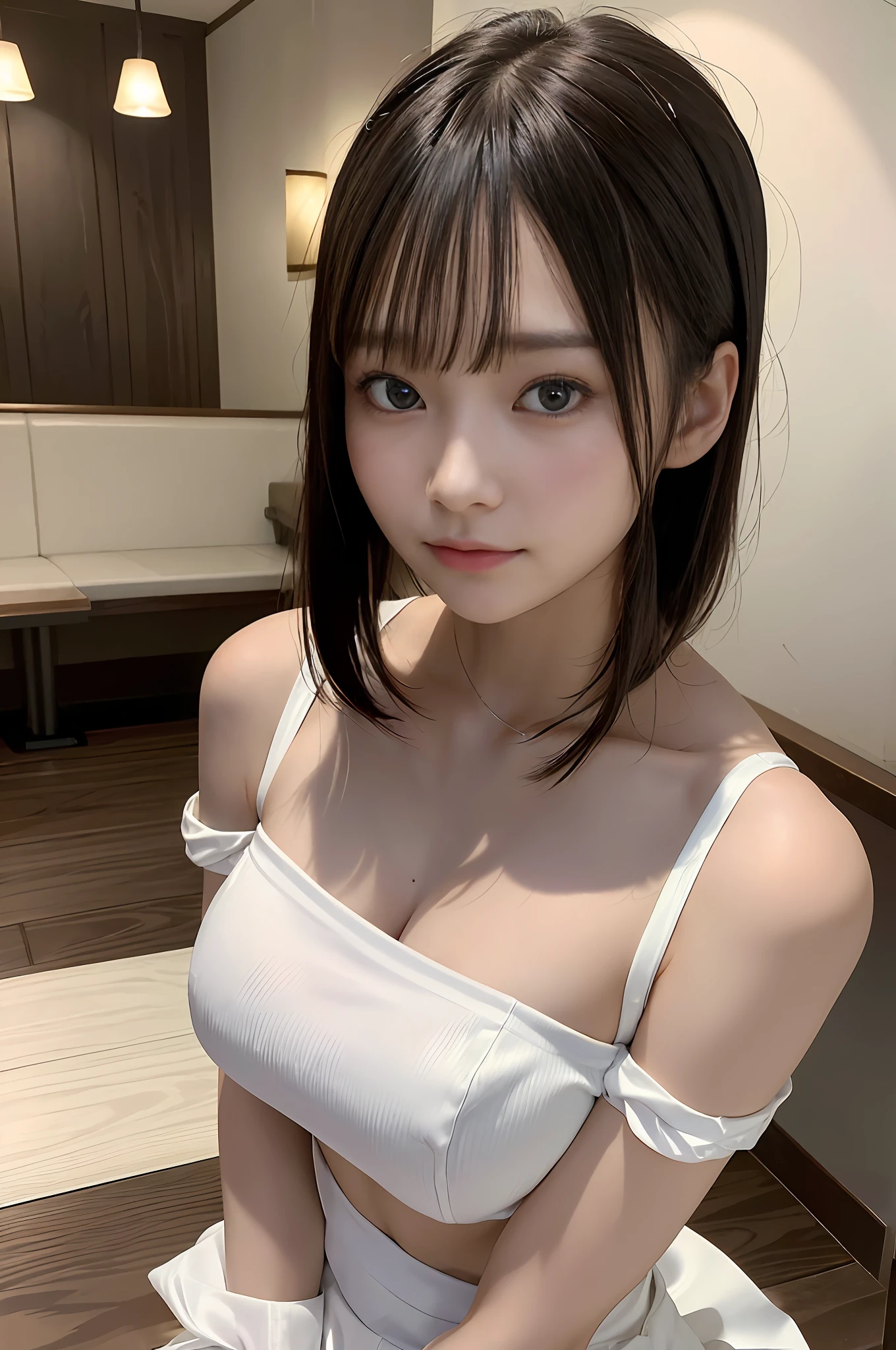 masterpiece, best quality, photorealistic, raw photo, DSLR, beautiful Japanese girl, 15-year-old, solo, highly detailed fair skin, shiny skin, realistic face, beautiful face, no makeup face, (highly detailed realistic eyes), beautiful eyes, bright eyes, double eyelids, look at viewer, (black short hair), (dark short hair), bangs, disheveled hair, slim figure, slim face, slim waist, big breasts, narrow thighs, ((waitress costume, white mini flare skirt, work in family restaurant)), beautiful lighting, perfect lighting, realistic shadows, highly detailed, highly delicate and beautiful, ultra high resolution, 8k UHD wallpaper,