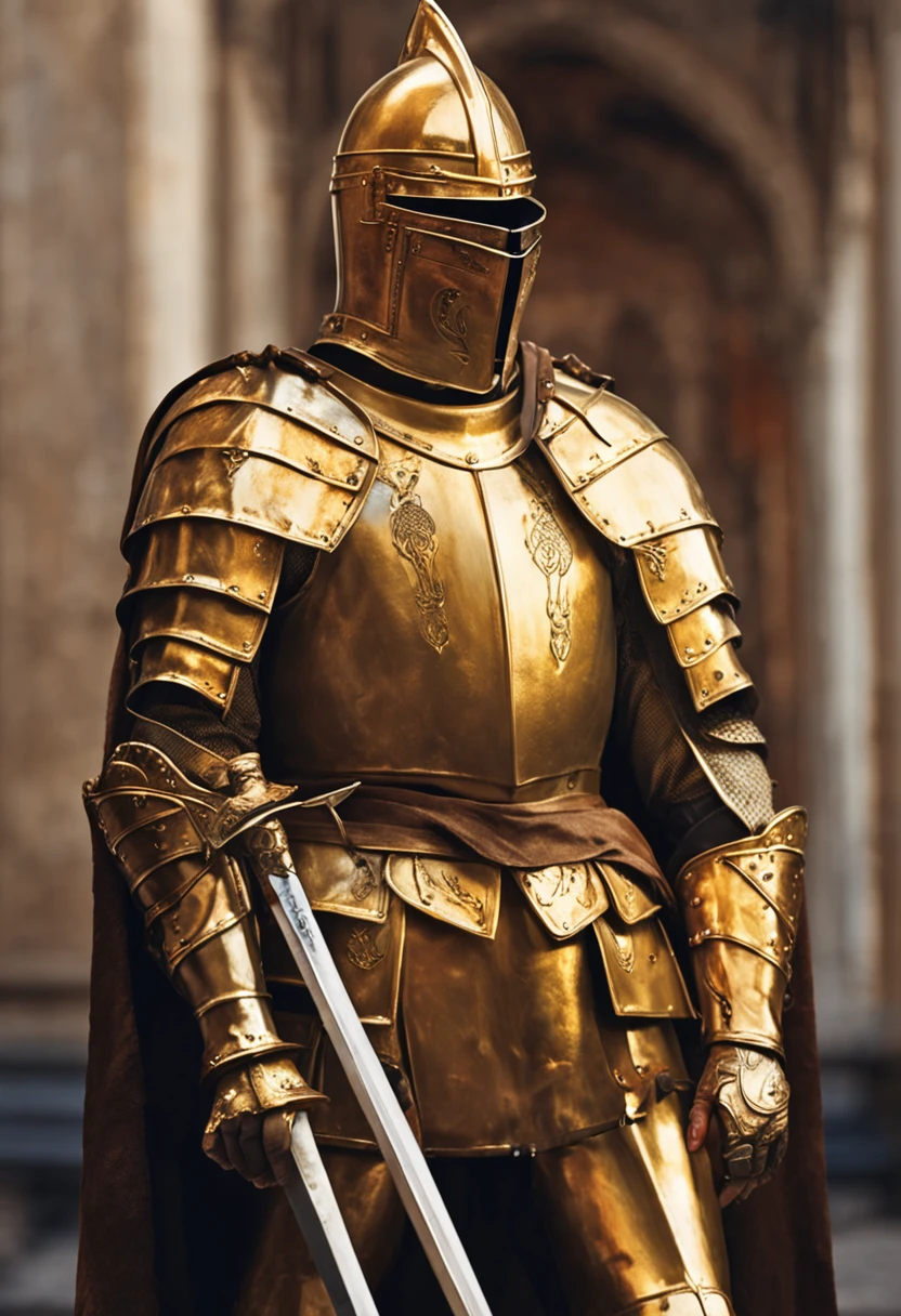 A cool medieval knight in powerful armor standing in a dark castle