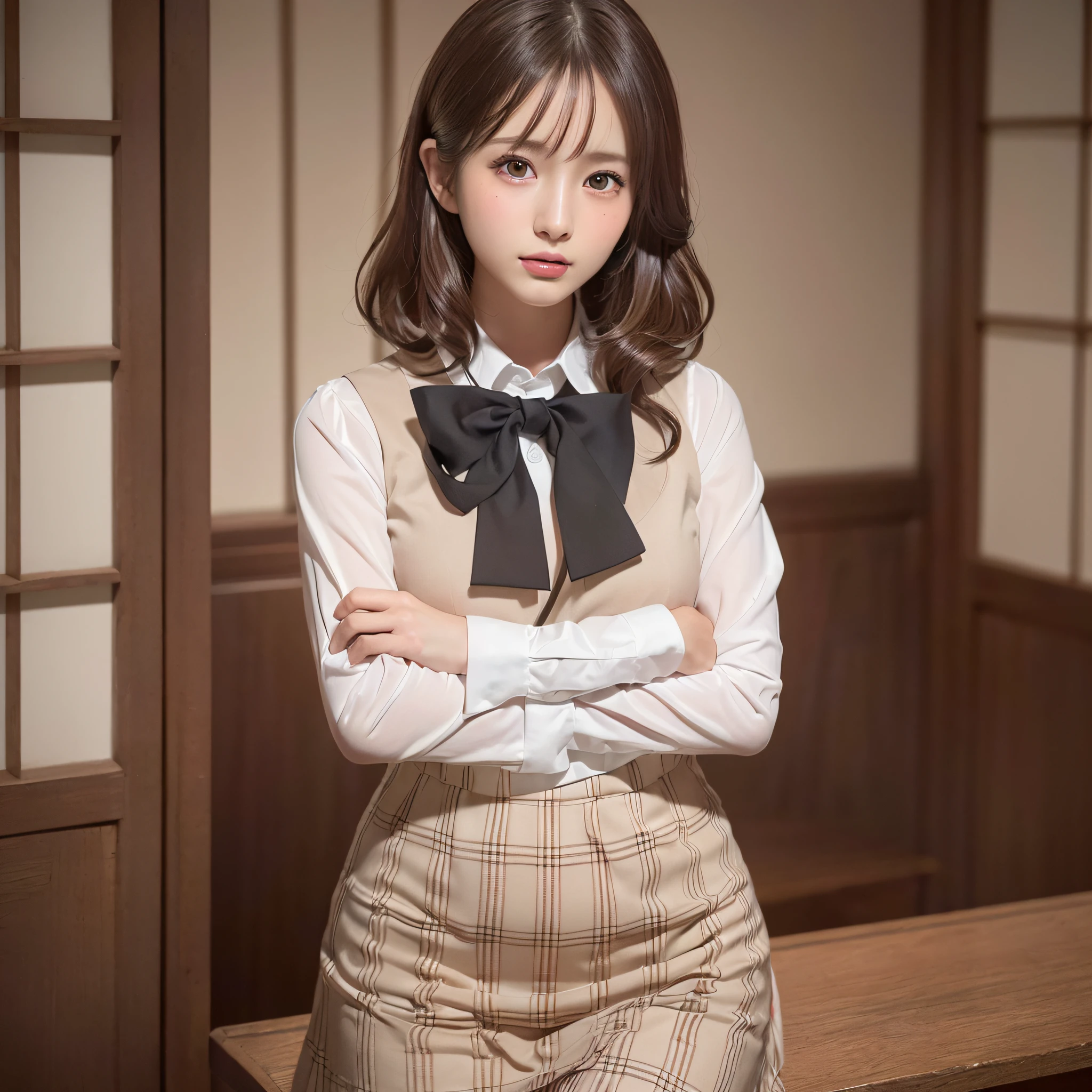 (Highest Quality, hyper-realistic, Super dense, very detailed illustration, Best image quality:1.4, very detailed illustration),
(Background, symmetrical, Compositions with coloful geometric arabesque patterns):1.3, 
(1girl), (Japanese girls' high school uniform), 
(cowboy shot:1.3), (Model-like body shape), 
(updo), (dark brown hair), 
(smiling:0.5)