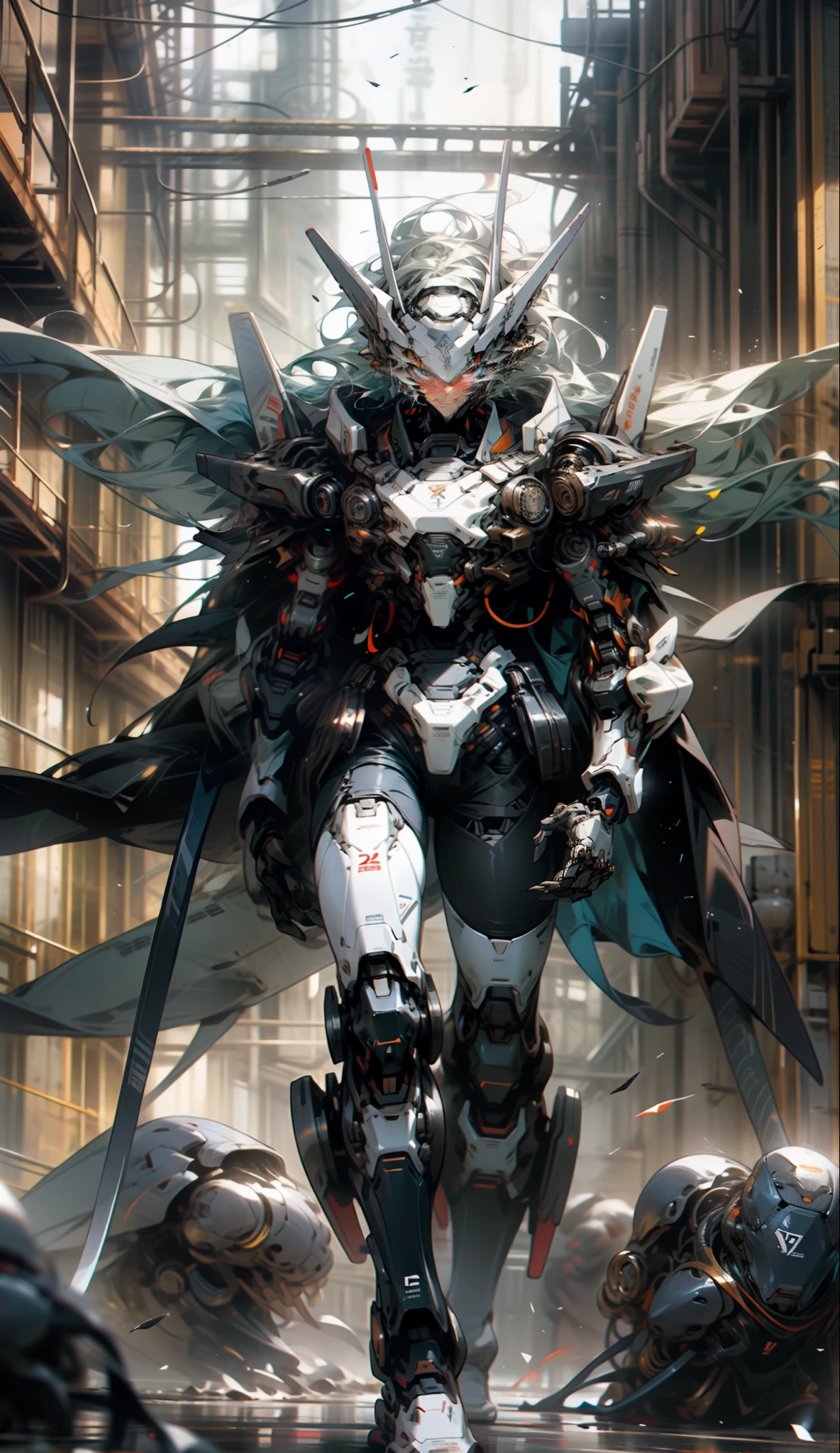 male people，Tall mech，Silver-white body，Black and white，Use the plasma sword，There is a dragon particle effect，Yin and Yang gossip，Formation，mechanical sense，sense of strength，Sense of space，combats，cyber punk perssonage，Human body modification，Structurally sound，Battle instant，high-quality face，4K，High quality，Masterpieces