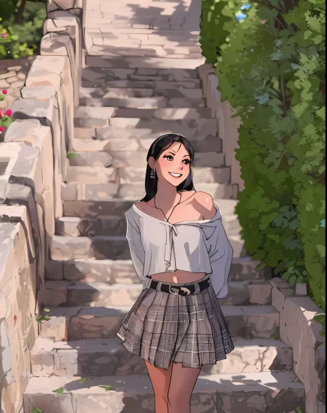 araffed woman walking down a stone staircase with a smile on her face, wearing crop top and miniskirt, detailed plaid miniskirt,...