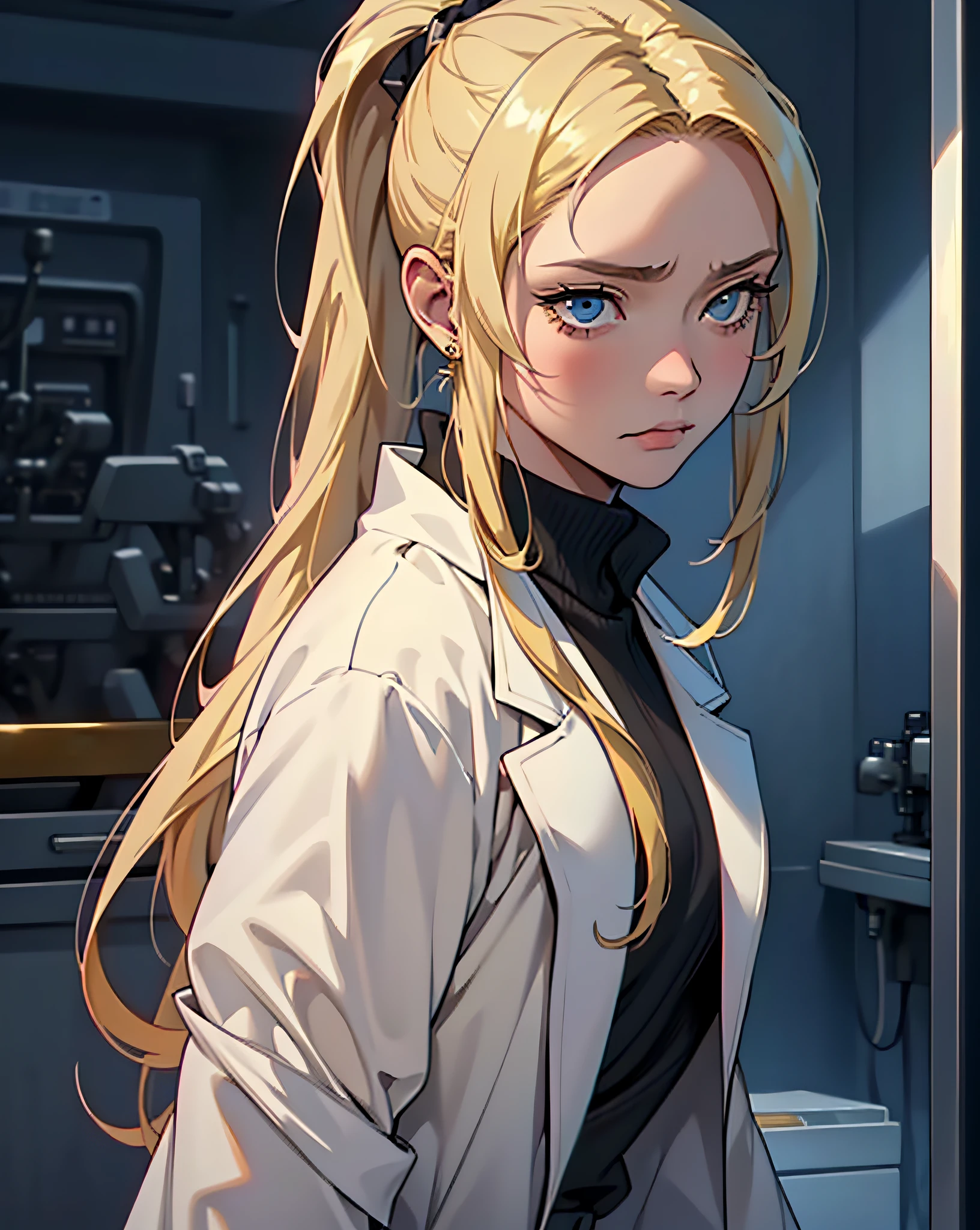 ((1girll))), malefocus, tmasterpiece, high high quality, (tmasterpiece:1.2), (best qualityer:1.2), shiny skin, realisticlying, opulent, complex, ((blond hairbl)), (High ponytail), White coat, The expression is sad, ellegance_clothes, hospitals, Melancholy Look , (The upper part of the body), (sexly)
