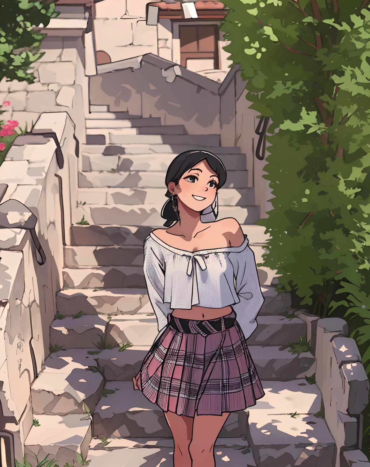araffed woman walking down a stone staircase with a smile on her face, wearing crop top and miniskirt, detailed plaid miniskirt, profile image, plaid skirt, outfit photo, pleated miniskirt