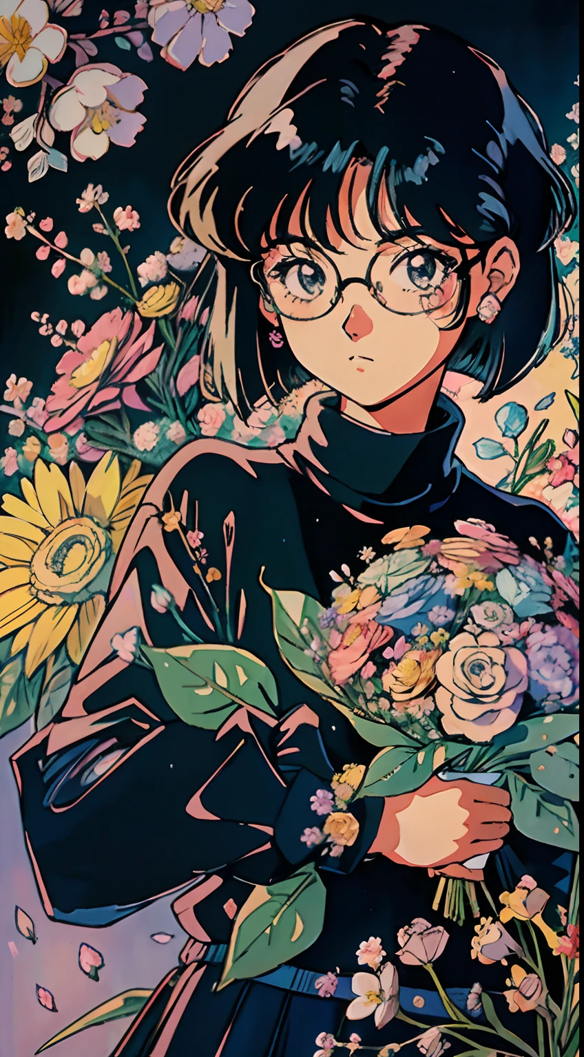 muted pastel colors，Soft picture，Retro Anime, 1990s anime, 1980s anime, Retro Anime，Retro Anime style，Masterpiece, Best quality, 1girll, solo, Black eyes, Long black hair，Bob cut，Medium hair, Large round frame glasses，Black sweater，Closed mouth，Simple background, old school anime, beautiful anime,(ultra-detailed background, detailed background), absurdres, highres, ultra detailed, extremly detailed, 1girl, (bunch of flowers:1.3), (zentangle:1.2), (geometric:1.2),(colorfu