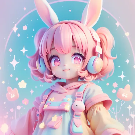 (tchibi, kawaiitech, kawaii, Cute, Pastel colors, Best quality, Happy rabbit ears, pink hair, pink eyes)