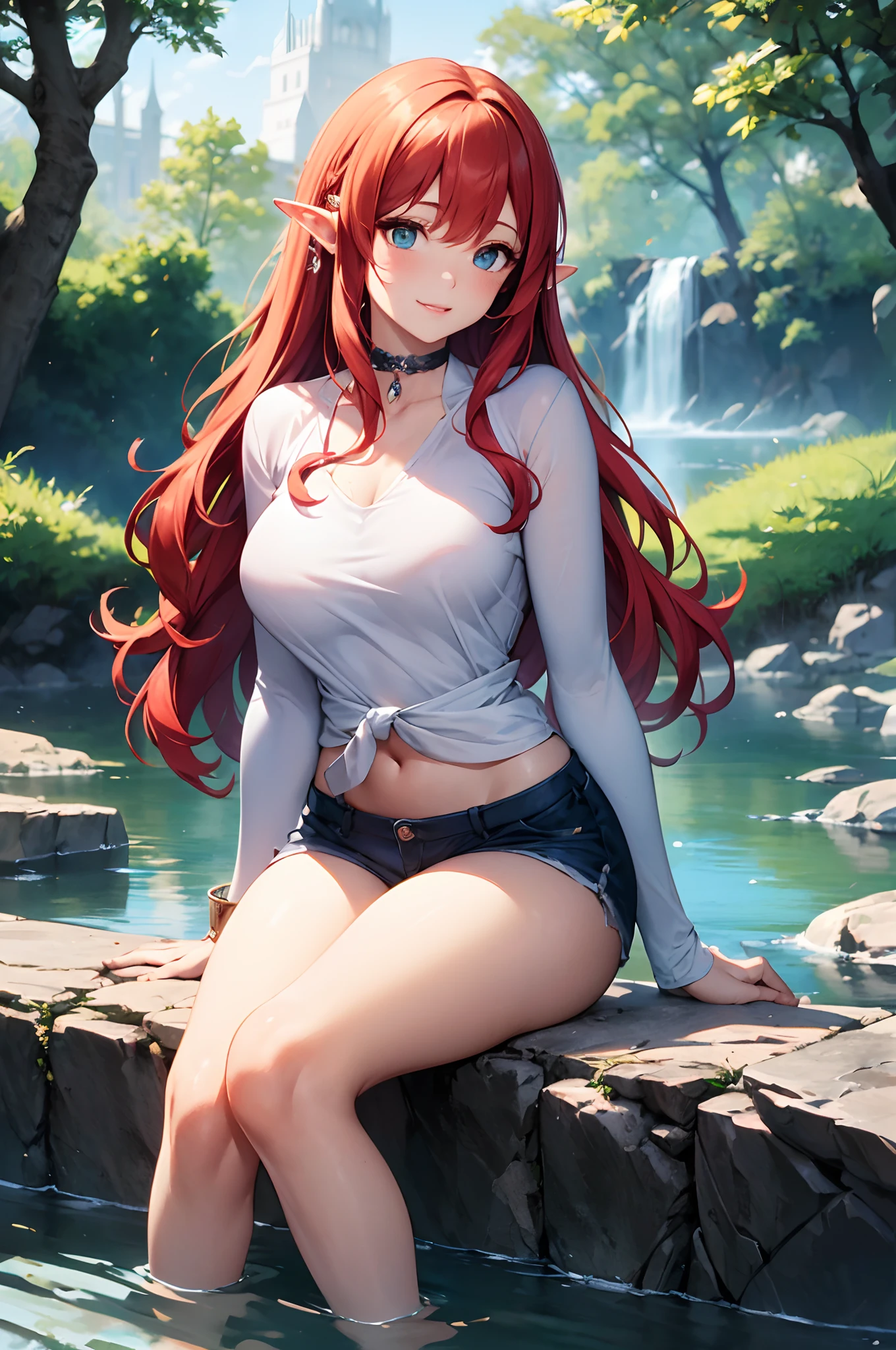 Anime girl sitting on a rock in a river with a waterfall in the background  - SeaArt AI