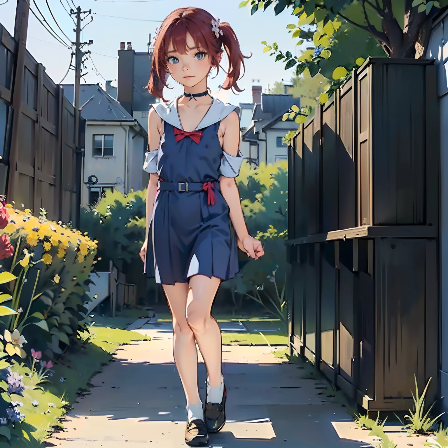 (masterpiece, 4k ,ultra detailed:1.2),(beautiful face:1.2),(anime:1.2),illustration,(solo:1.2),(looking at viewer:1.4),portrait,(supermodel:1.3),(blue school uniform:1.3),(red hair),13yo,(simple choker:1.1),(yellow panties),(string,abs,smartphone,child,small breasts,petite:1.1),(sfw,nipple,flat chest,un dress,:1.4),(from below),(full body:1.2),(flower hair ornament)