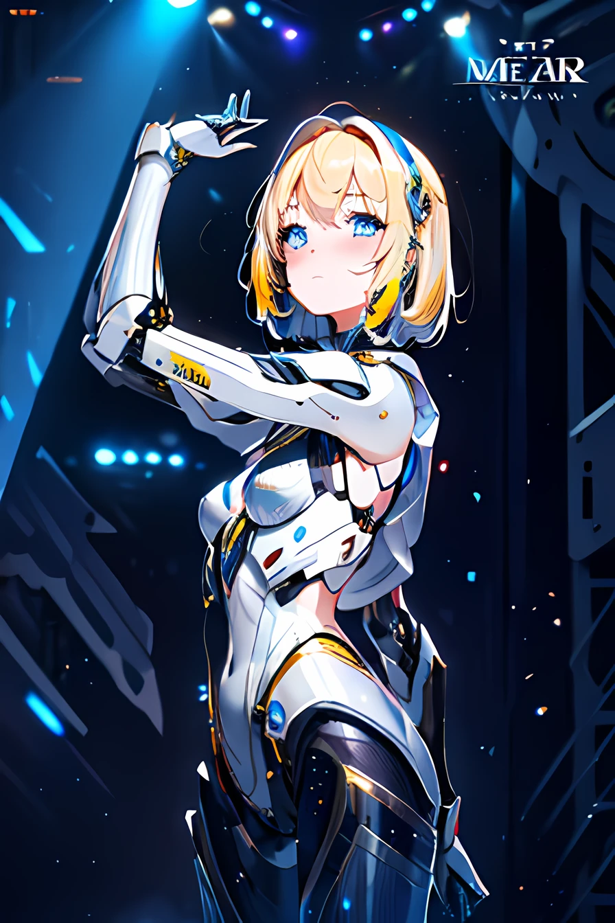 Haute qualité, ultra haute résolution, Ultra réaliste, Super détaillé, robot, mecha, Body en métal, Mince, Beau, yeux bleus, 1fille, Cheveux blonds, Cheveux courts, visage complet, tout le corps, légère rougeur, métallique, métallique, luxe, métallique, Un, casser, scène de concert, contexte détaillé, profondeur de champ, Cinématique,