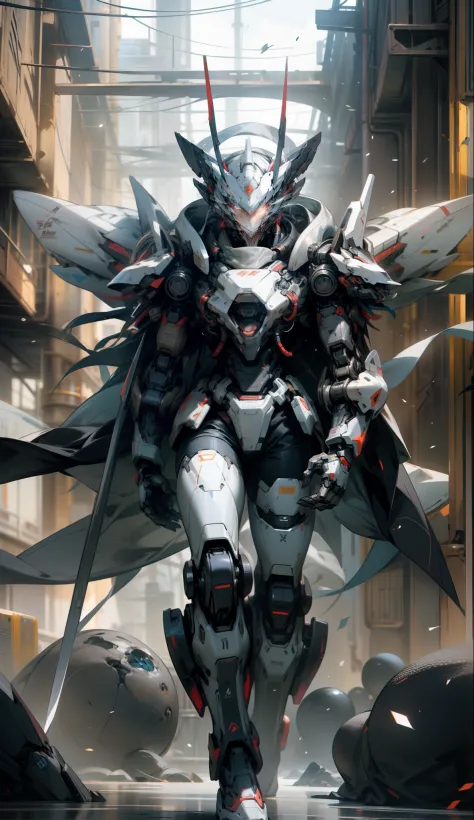 male people，Strong males，Huge shoulder armor，Tall mech，Silver-white body，The white，Use the plasma sword，There is a dragon partic...