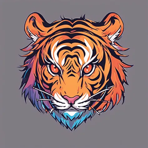 ::style vetor, logotipo vetorizado de um tigre, logo em (((formato arredondado))), contornos e fundos brancos, chamas em volta do logo, vivid colors ::n_style fundo da imagem, deformations in the logo, cartoon, anime