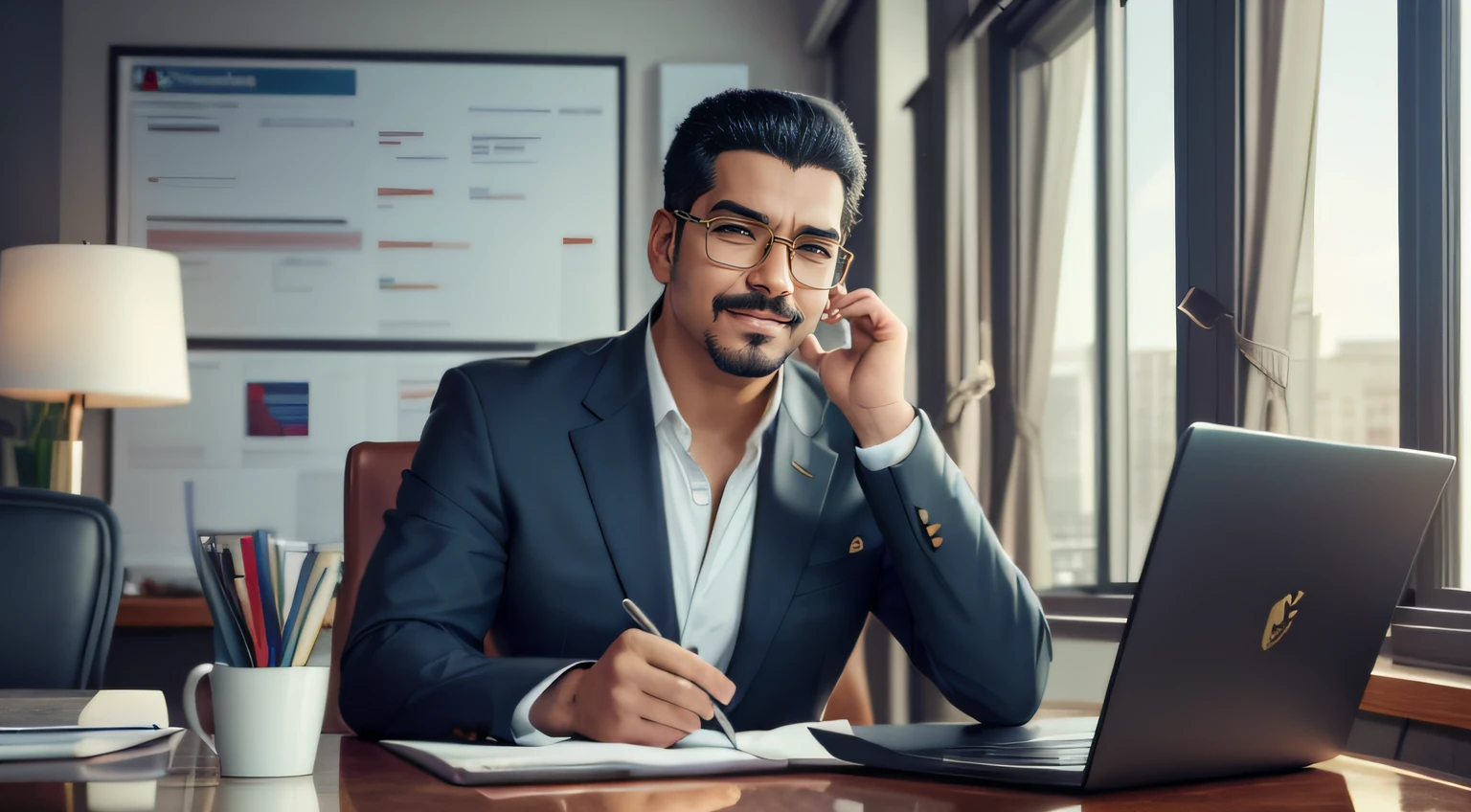 epic realistic，Businessman, Corte Buzz，barba，wearing prescription glasses，figura forte，Usa um terno profissional，segurando laptop，sorriso encantado，homem maduro，tmasterpiece, dinheiro, ouro, inteligente, rico, elegante, centro, Falling Money Behind