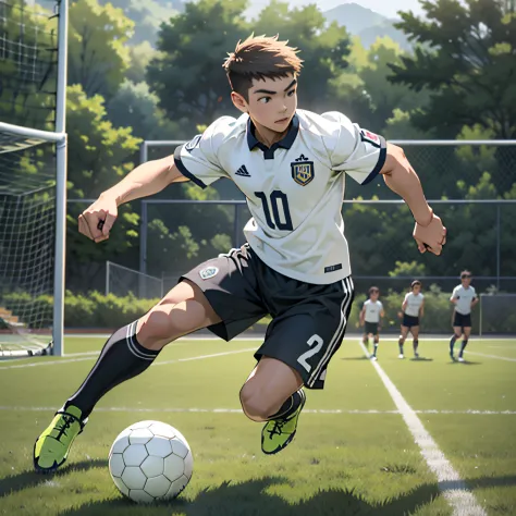 A boy playing football，soccer court，youthfulness