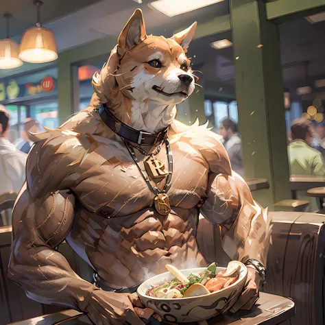 a professional photo of [(((buff swoledoge))):buff swoledoge:8], grinning, dog body, eating a large bitcoin in a restaurant, cin...