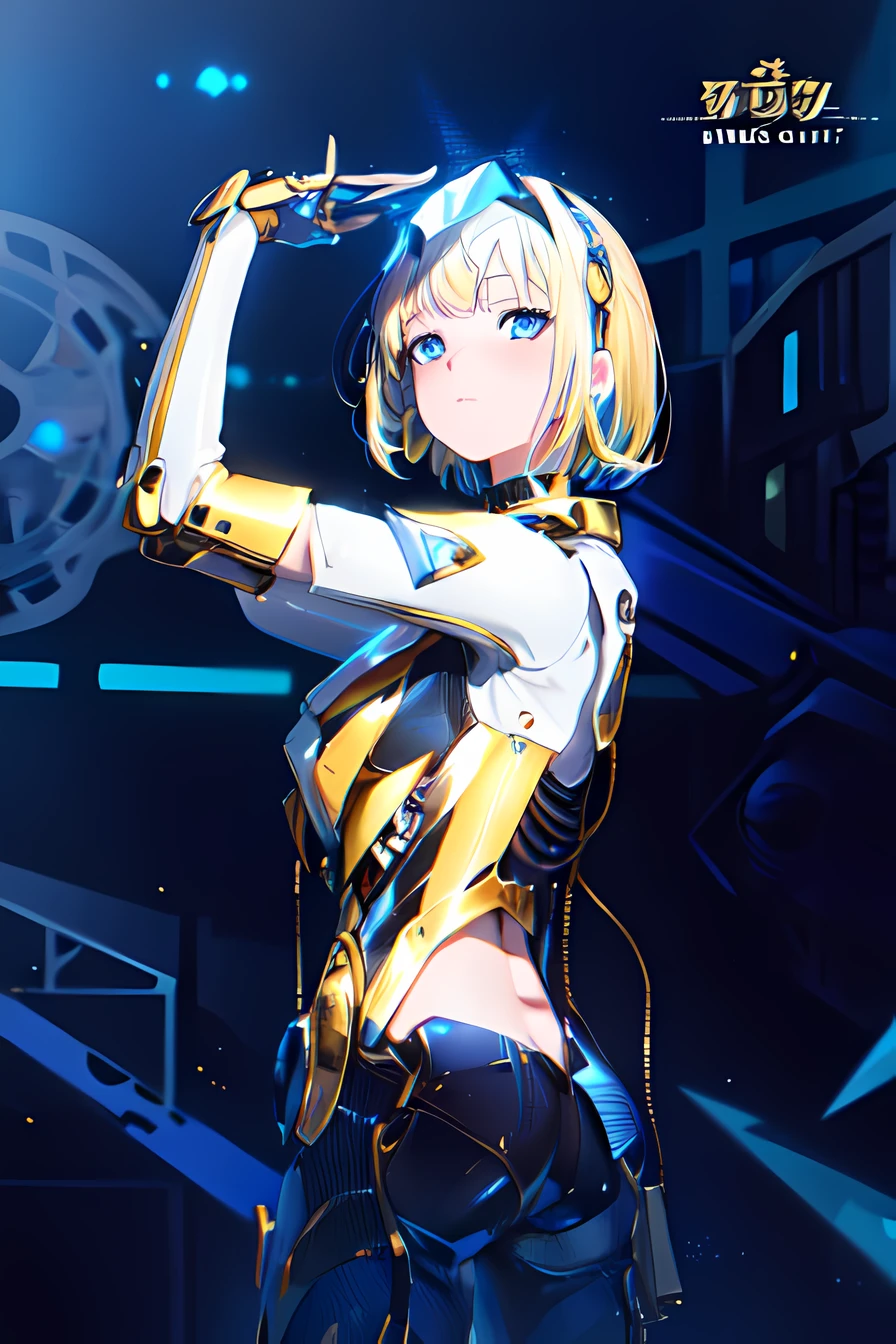 High Quality, Ultra High Resolution, Ultra Realistic, Super Detailed, Robot, mecha, metal bodysuit, Slim, beautiful, blue eyes, 1girl, yellow hair, short hair, Full Face, Full Body, faint blush, Metallic, Metallic, Luxury, Metallic, One, BREAK, concert stage, detailed background, depth of field, cinematic,