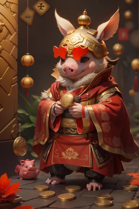 anthropomorphic turtle，Little cute piglet，Wearing elegant red Hanfu，Take gold ingots，The ground is covered with gold coins，silkouette，fluffy mane，largeeyes，Red Wall，Chinese culture，zbrush，Dramatic lighting，full-body portraits，hentail realism，finedetail，pho...