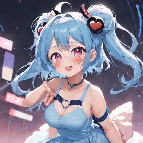 black hair, hair bobbles, wince, longeyelashes, solid circle eyes, fake animal ears, light smile, ear blush, fang, Skirt that wraps hips, flat chest, Expose your little belly, blue hair, light blue hair, drill hair, twintails, halo, jewelry, hairclip, hair...