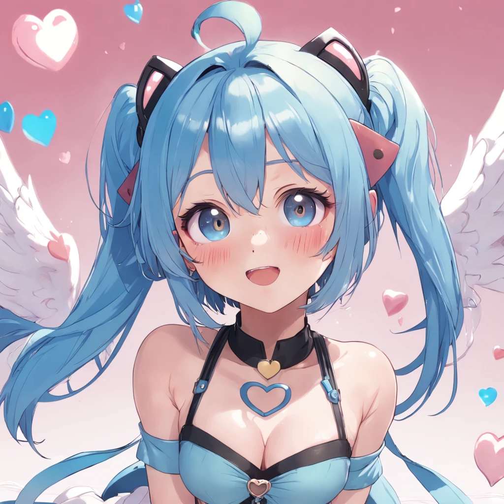 black hair, hair bobbles, wince, longeyelashes, solid circle eyes, fake animal ears, light smile, ear blush, fang, Skirt that wraps hips, flat chest, Expose your little belly, blue hair, light blue hair, drill hair, twintails, halo, jewelry, hairclip, hairpin, heart-shaped eyewear, white hairband, heart-shaped pupils, dilated pupils, gradient eyes, heterochromia, fingersmile, full blush, heart in eye, light blush, Surrealism, drop shadow, anaglyph, stereogram, tachi-e, pov, atmospheric perspective, anime style, cinematic lighting, from outside, from outside, atmospheric perspective, 8k, super detail, ccurate, best quality, UHD, anatomically correct, textured skin, ccurate, masterpiece, high details, high quality, highres, best quality