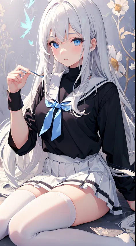 1girl, solo, long hair, white hair, blue eyes, beautiful detailed eyes, black shirt, white thighhighs, school uniform, light ray...