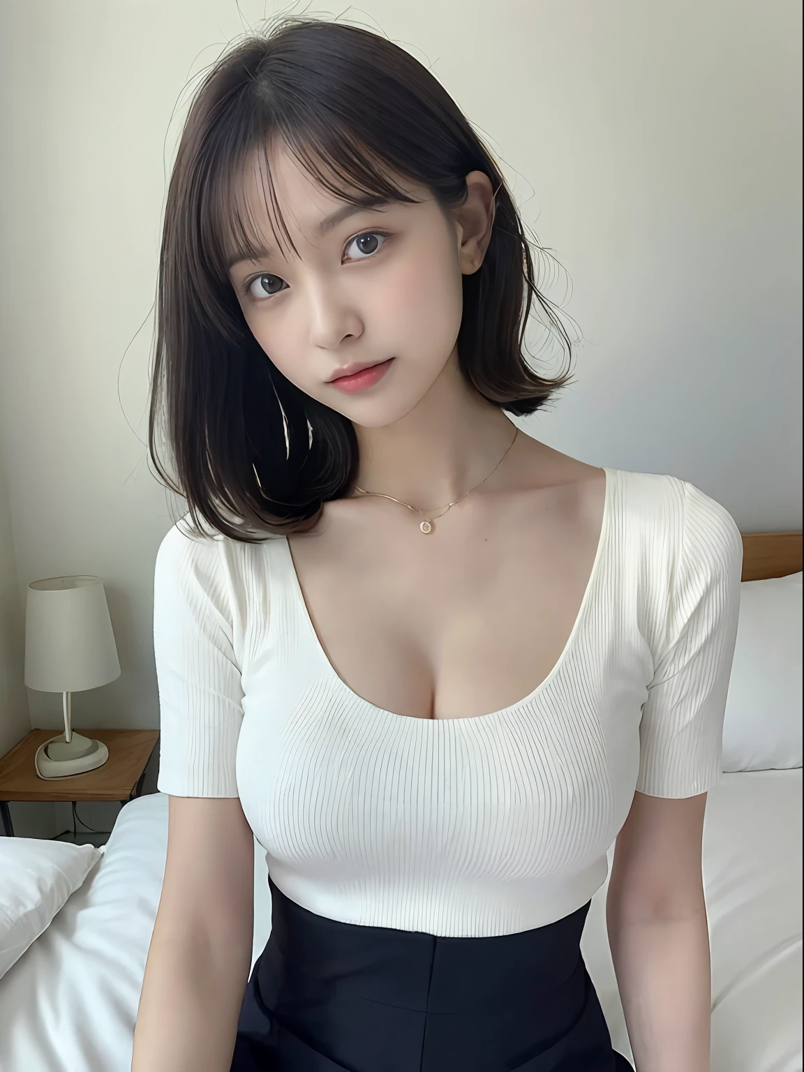 1 girl in, (Best quality, high resolution, masutepiece :1.3), A tall, enchanting and beautiful woman, Slender Abs,Short black hair，Scattered wavy, no-good, nedium breasts, Wearing a pendant, Short white crop top sleeves. bag over the waist,Blue hip skirt, (Bedroom in the background), Details exquisitely rendered in the face and skin texture, Detailed eyes, double eyelid、