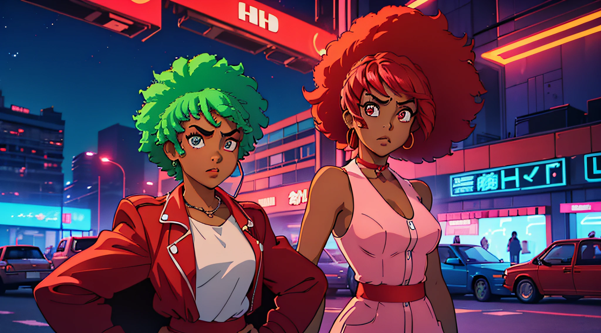 "((Personnage d’anime afro-descendant:1.2), (avec une voiture classique rouge derrière avec néon) ((toile de fond urbaine:0.8), (néons lumineux:1.1)) ((tout le corps, Image UHD)))"