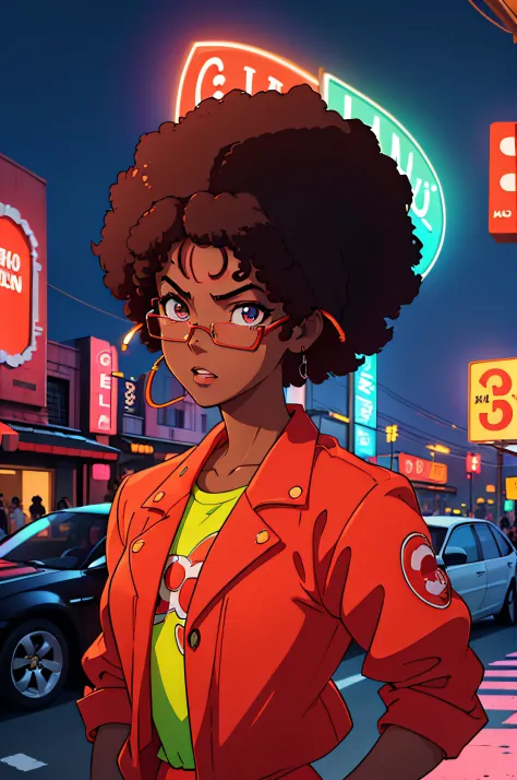 ((Personagem de anime afrodescendente:1.2), (with a red classic car behind with neon lights) ((urban backdrop:0.8), (luzes neon ...