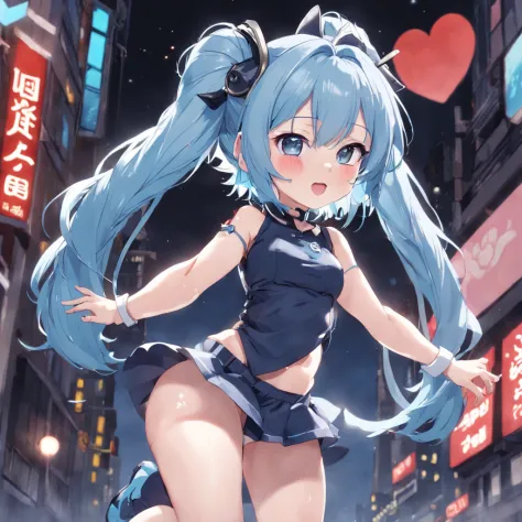 black hair, hair bobbles, wince, longeyelashes, solid circle eyes, fake animal ears, light smile, ear blush, fang, Skirt that wraps hips, flat chest, Expose your little belly, Above Knees, High school girl, blue hair, light blue hair, drill hair, twintails...