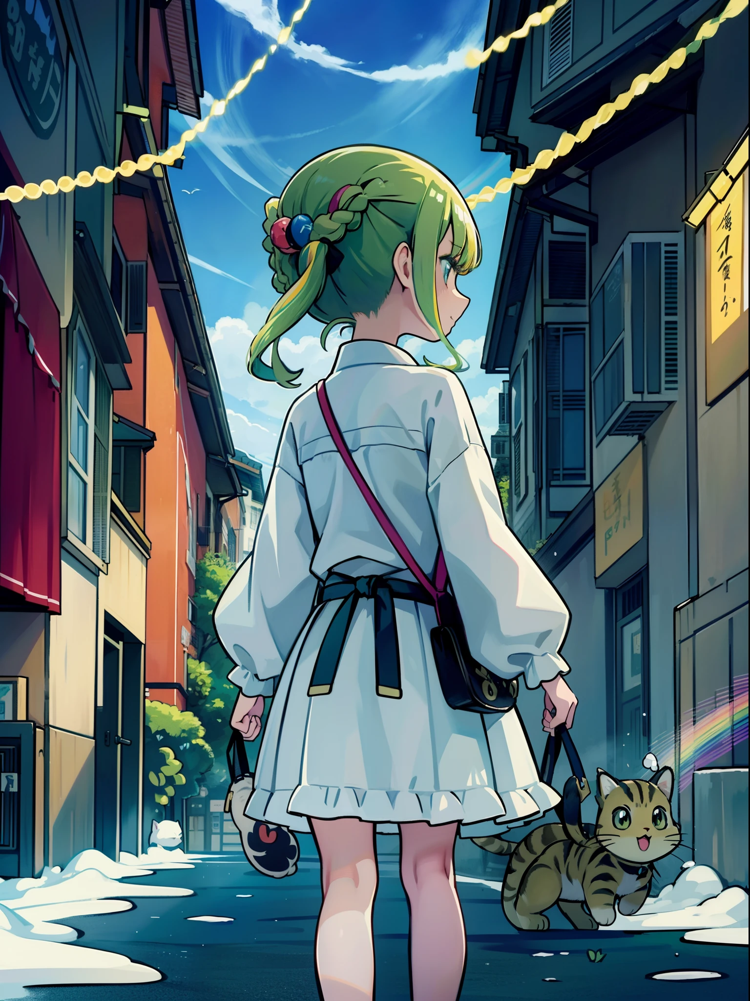 1girl in,A pokémon_The card,(top-quality), (high_quality), (Convoluted_Details), (ultra-detailliert), (illustratio), (Distinct_image),saito_naoki,((1 With cute cats.5)),Green hair((rainbow-colored hair))、Yumekawa、Back alley