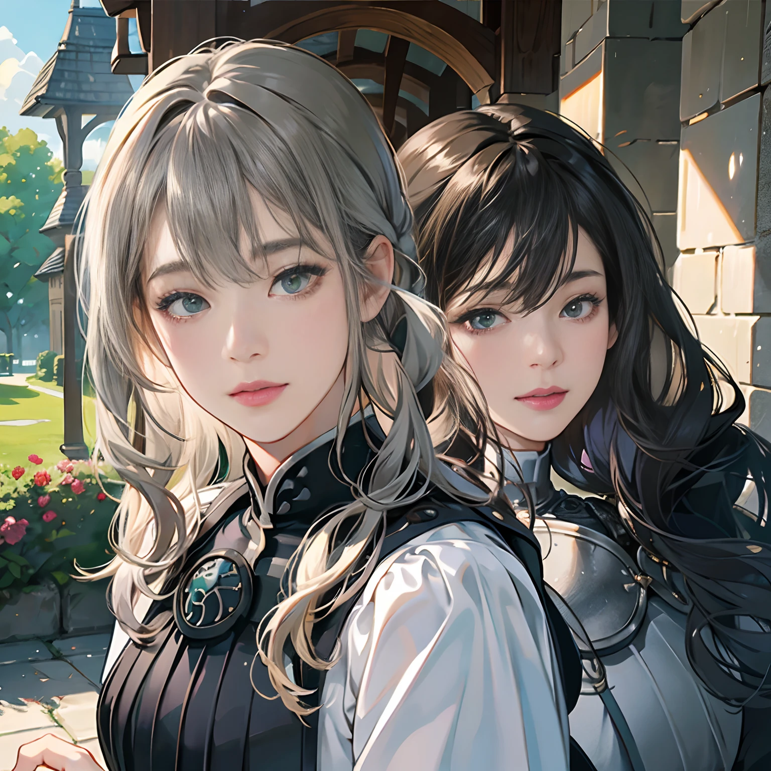 Women in Their 20s, Fantasia、offcial art, unity 8k wall paper, ultra-detailliert, beautifly、Aesthetic, ​masterpiece, top-quality, Photorealsitic, Castle Guard、Full Armor Knight:2.0、Black-silver armor、Black-silver breastplate、Knights、A dark-haired、bluish green eyes、Braided hair、Braids:1.5、depth of fields, Fantastic atmosphere, Calm palette, tranquil mood, Soft shading、Castle Gate、Rampart、Beautiful Landscapes、bbw、very large breast、plump figure