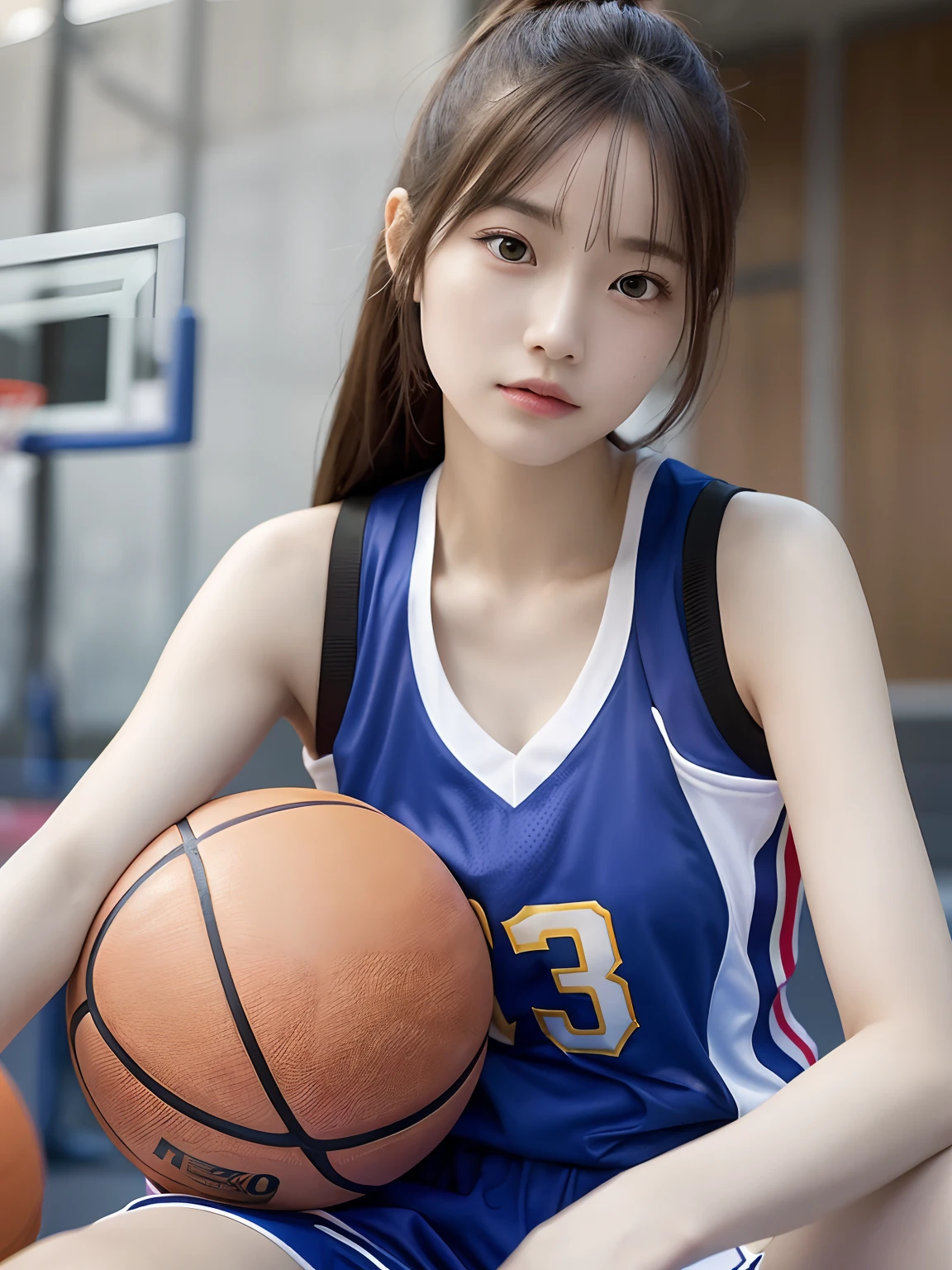 (Surreal)、(A high resolution)、(8K)、 (The is very detailed)、(Ultra clear skin pores)、(top-quality、tmasterpiece:1.3)、Beautiful girl in basketball uniform、at  basketball court，Playing the Basketball，1womanl、Midsummer、（jiayi：1.5）， closeup cleavage， tmasterpiece， best qualtiy， RAW photogr， realisticlying， the face， Incredibly Ridiculous res， depth of fields， A high resolution， ultra - detailed， finedetail， The is very detailed， Extremely detailed eyes and face， Sharp pupils， realistic pupil， tack sharp focus， cinmatic lighting