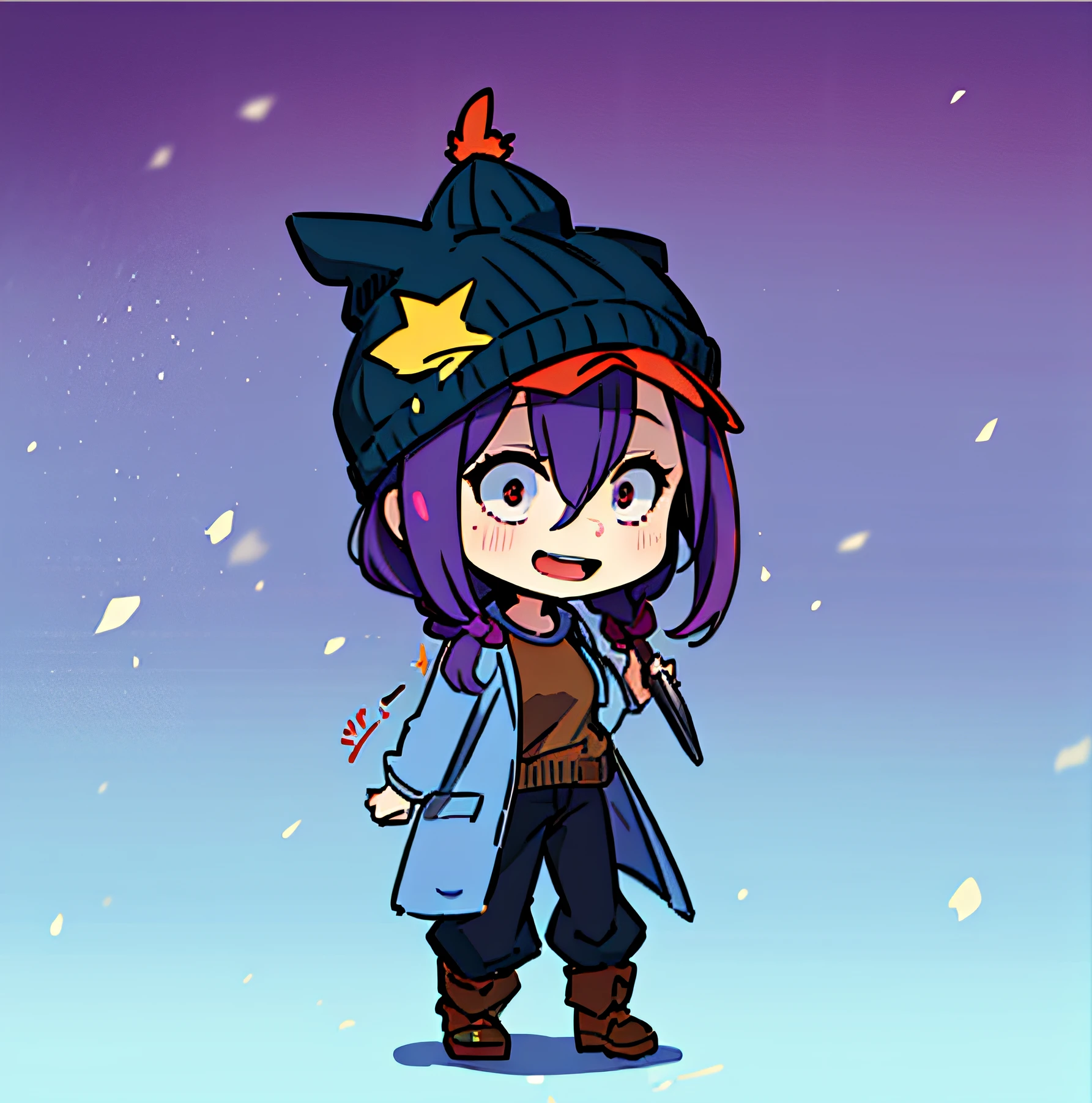 high quality, high res, 8k, masterpiece, 1girl, long purple hair, wearing brown winter sweater, long pants, blue winter hat, crazy expression, yandere, crazy smile, knife in hand