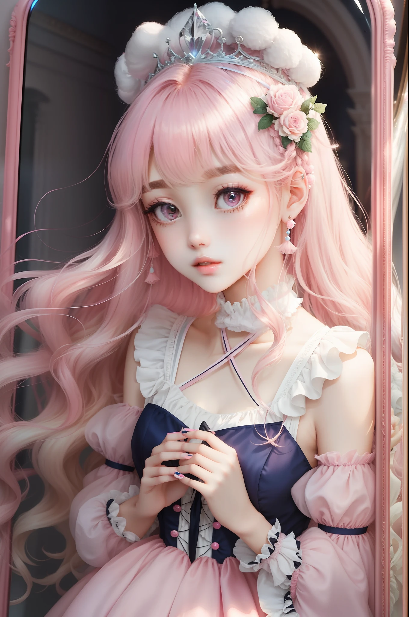 Princess　A Princess　Soft　Good style best quality(Highest Quality) , High quality(hiquality)　Soft hair　pink there　Fluffy dress blonde　Hair tied in two, The whole body is reflected, Very delicate tone and good atmosphere