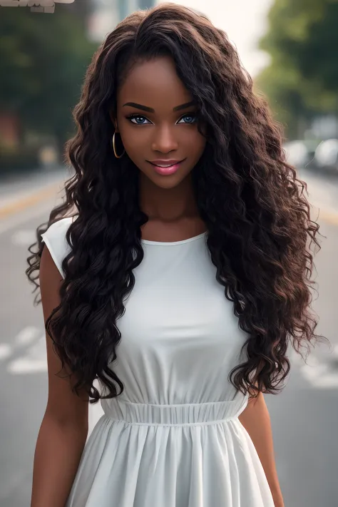 fully body photo、Detailed and realistic 20 year old attractive and stunning black girl、American African Elegant、Standing on a street corner、Wearing an elegant white dress、beautiful wavy long hair、Swaying in the wind、Detailed spots:0.8)、black-brown skin、bea...