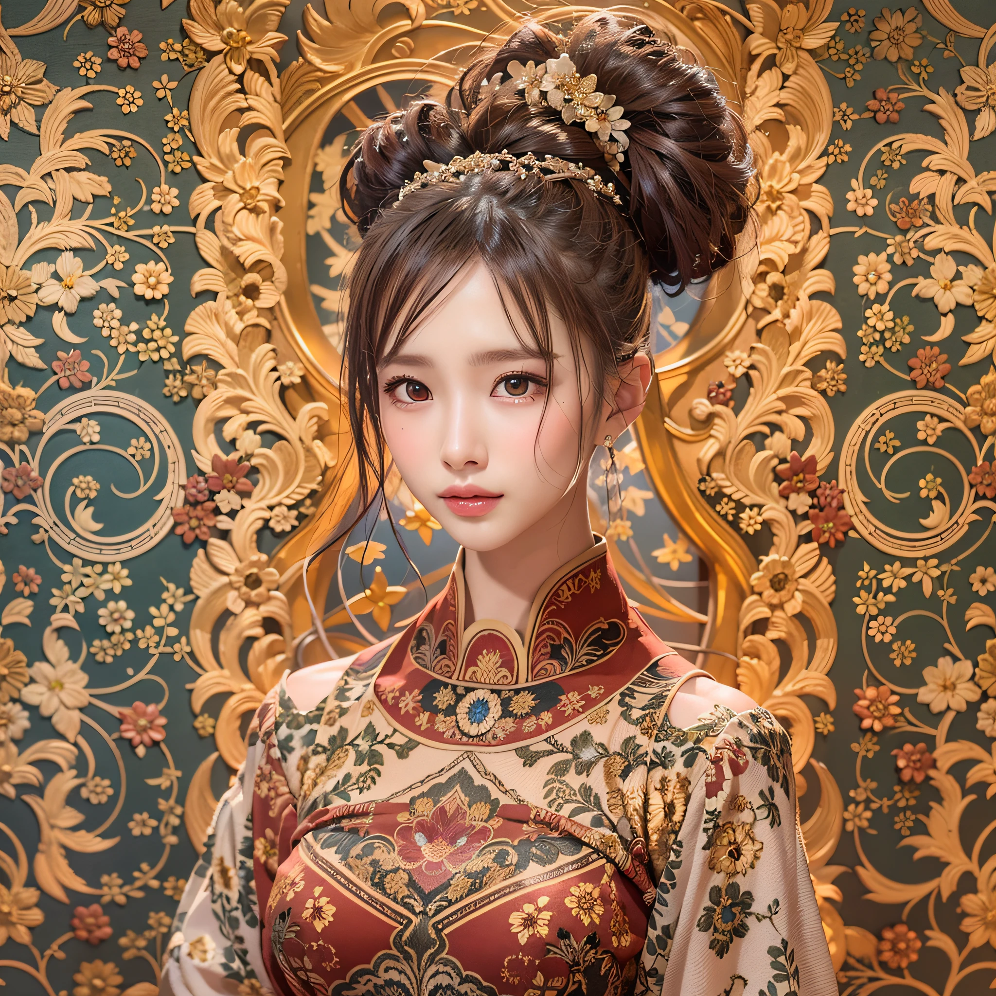 (Background, symmetrical, Compositions with colorful geometric arabesque patterns):1.3,  (Bun hair, dark brown hair), (top-quality, very detailed illustration), (1woman:1.3, solo), (dress, off shoulders), (asian girl, ultra delicate face, ultra Beautiful fece, ultra delicate eyes, ultra detailed nose, ultra detailed mouth, ultra detailed facial features), (dress, off-shoulders),  (medium breast:1.3), from the front side, slender body:0.8, lipgloss, (smiling:0.8)