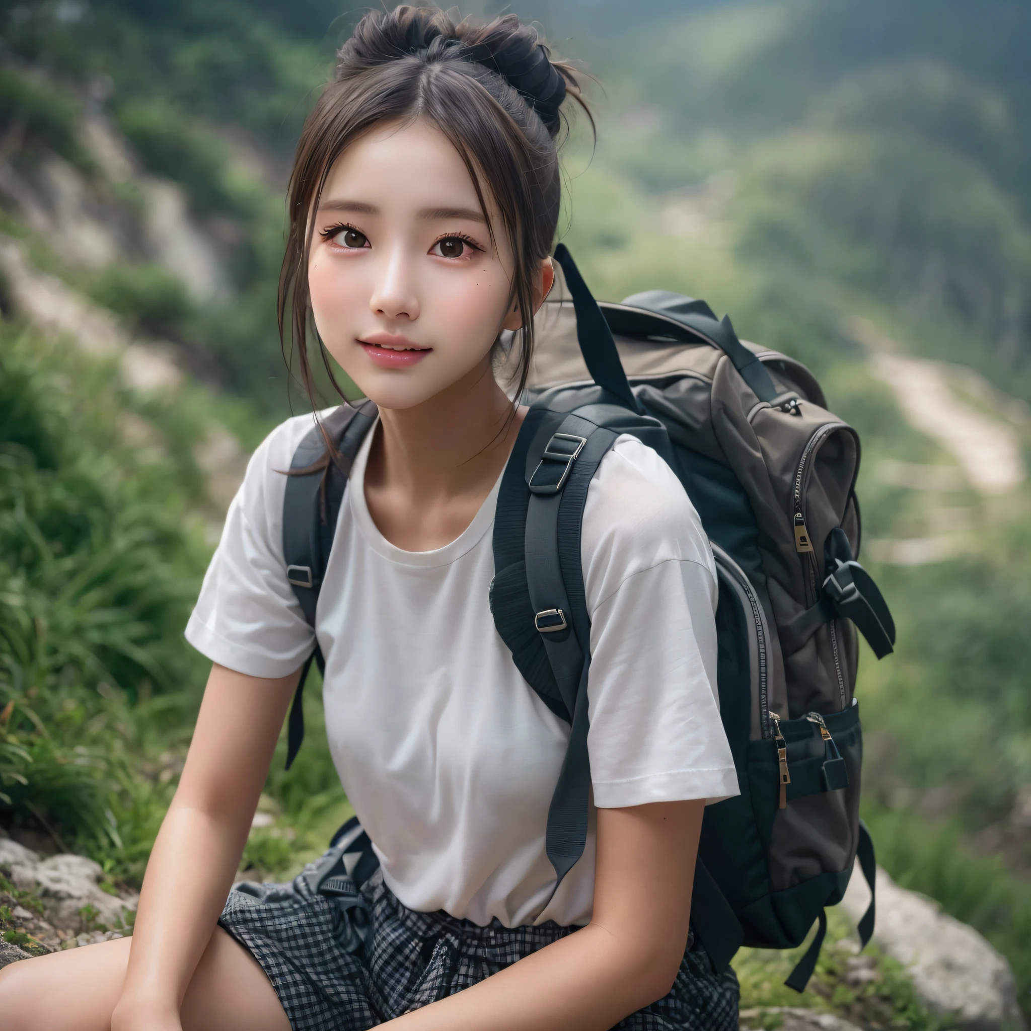 Naturescape photography; mountain climbing; (1girl:1.3), (slender body), (Wearing a white T-shirt loose, Wearing a gingham check shirt, Black nylon fabric shorts), (Bun hair), (dark-brown hair), (asian girl, 1, ultra delicate face, ultra Beautiful fece, ultra delicate eyes, ultra detailed nose, ultra detailed mouth, ultra detailed facial features), (face is shiny:0.8), light smile, Carrying a backpack