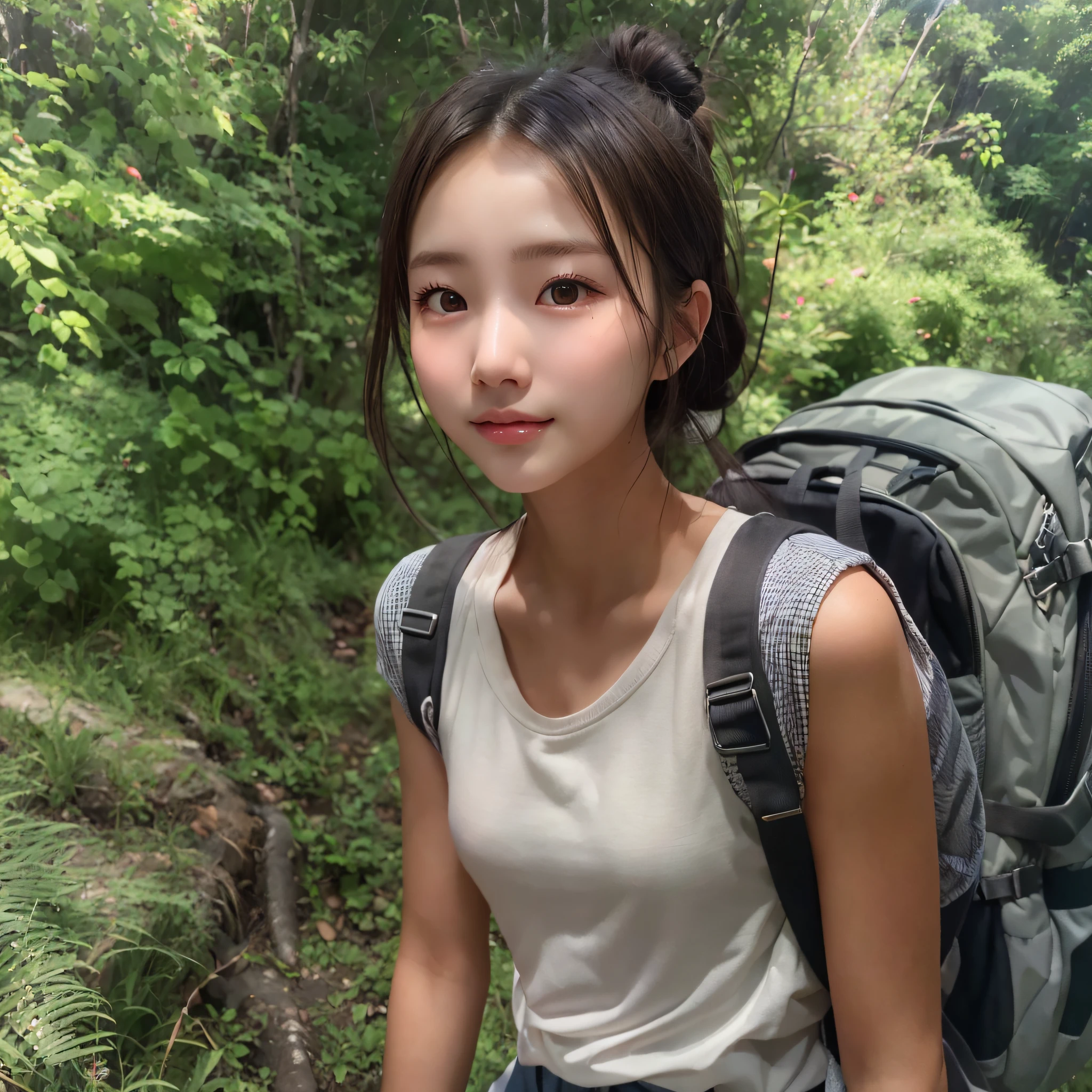 Naturescape photography; mountain climbing; (1girl:1.3), (slender body), (Wearing a white T-shirt loose, Wearing a gingham check shirt, Black nylon fabric shorts), (Bun hair), (dark-brown hair), (asian girl, 18 years old, ultra delicate face, ultra Beautiful fece, ultra delicate eyes, ultra detailed nose, ultra detailed mouth, ultra detailed facial features), (face is shiny:0.8), light smile, Carrying a backpack, Body like a model