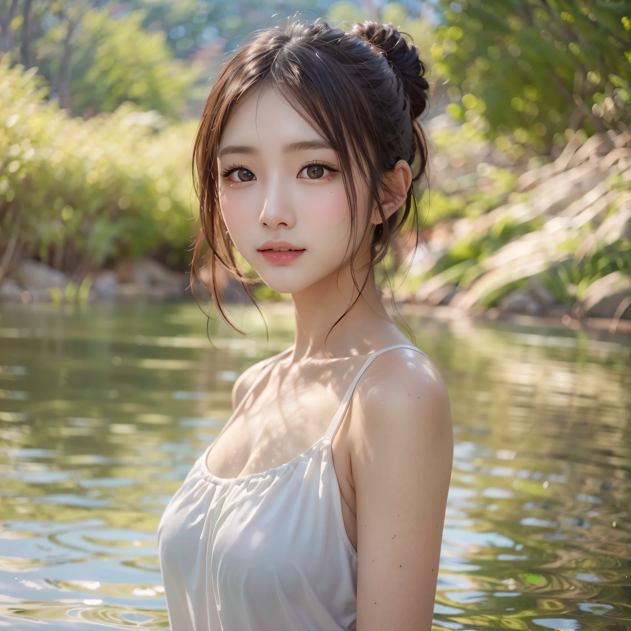 photos realistic, Standing on the surface of the lake, A beautiful lake as far as the eye can see, Water up to the ankles, The reflection of the lake surface reflects the scenery, One lady, 18year old, Beauty, cute, wearing a swimming wear, Bun hair,  (top-quality, very detailed illustration), (1woman:1.3, solo), (asian girl, ultra delicate face, ultra Beautiful fece, ultra delicate eyes, ultra detailed nose, ultra detailed mouth, ultra detailed facial features), (medium breast:1.3), from the front side, slender body:0.8, lipgloss, (smiling:0.8)