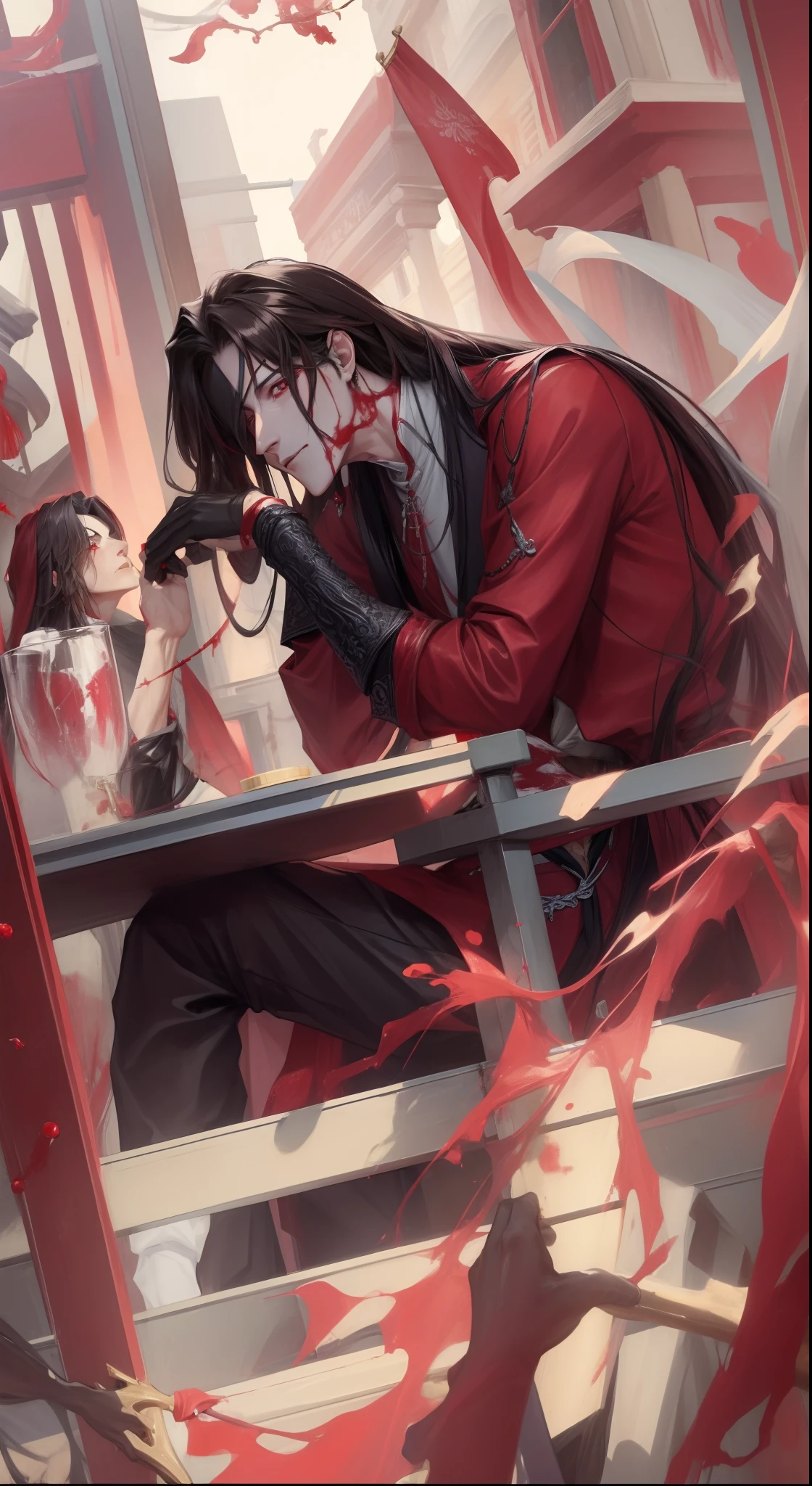 (Masterpiece:1.4), (best quality:1.2), hua cheng, 1boy, male focus, eyepatch, chinese clothes, jewelry, long hair, blood on clothes, blood, blood splatter, red eyes, looking at viewer, outdoors, night, upper body