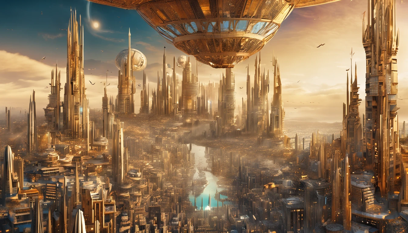 painting of a city with a castle surrounded by angels flying around, empyrean city, divine kingdom of the gods, utopian city, gold gates of heaven!!!!!!!!, esoteric equation heaven, heaven on earth, breathtaking art, breath-taking, floating city in the sky, futuristic utopian metropolis, Apocalyptik City, City in the Clouds, elaborate matte painting